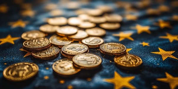 Drapeau européen entouré d'euros avec symbole d'alerte représentant l'arnaque du livret d'épargne européen