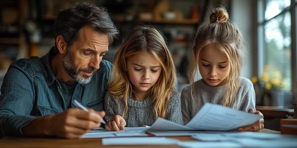 Famille examinant des documents d'assurance vie lors d'une succession