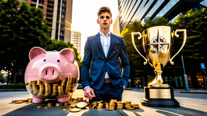 Jeune professionnel entre une tirelire pleine de pièces d'or, un trophée en or et une boussole, illustrant les 3 signes qu...