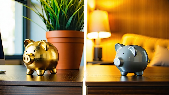 Comparaison des gains : une agence intérim sur un intérimaire. Piggy banks en or et argent sur des bureaux différents symb...