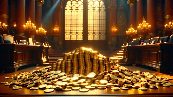 Une pile d'un million de pièces d'or, avec la moitié éclairée représentant combien l'etat prend sur 1 million, sur une tab...