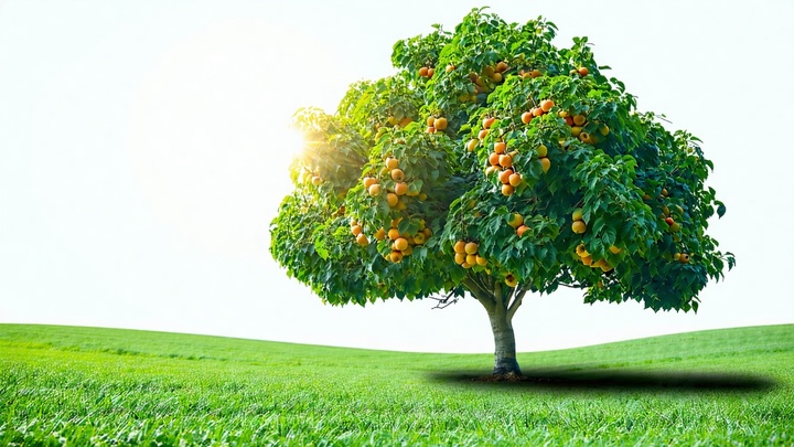 Arbre mature en pleine floraison symbolisant le rendement d'une assurance vie sur 8 ans, avec des fruits mûrs et feuillage...