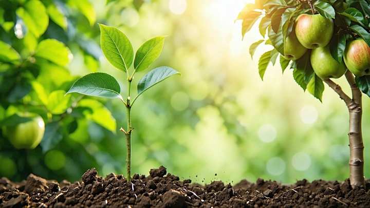 Sapling symbolizing small investment that pays off, with mature fruit tree in background. Rich soil, green leaves, ripe ap...