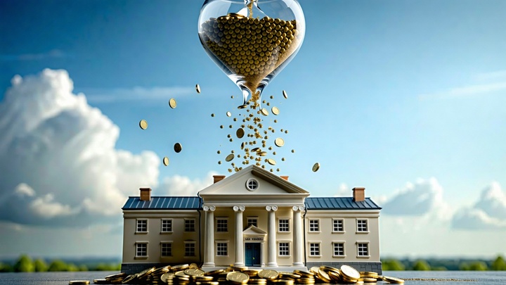 Banque solide recevant des prêts viagers hypothécaires sous forme de pièces d'or dans un sablier géant, symbolisant le tem...
