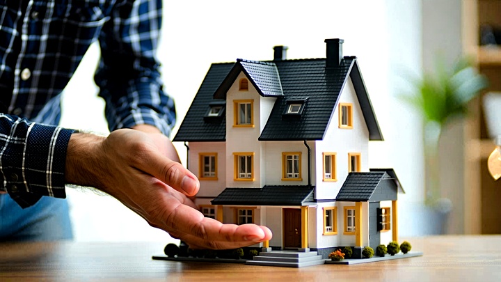 Père remettant une maquette de maison à son fils sous une douce lumière naturelle, prêtant de l'argent pour un achat immob...
