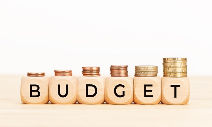 Des dés et des pièces de monnaie avec le mot budget