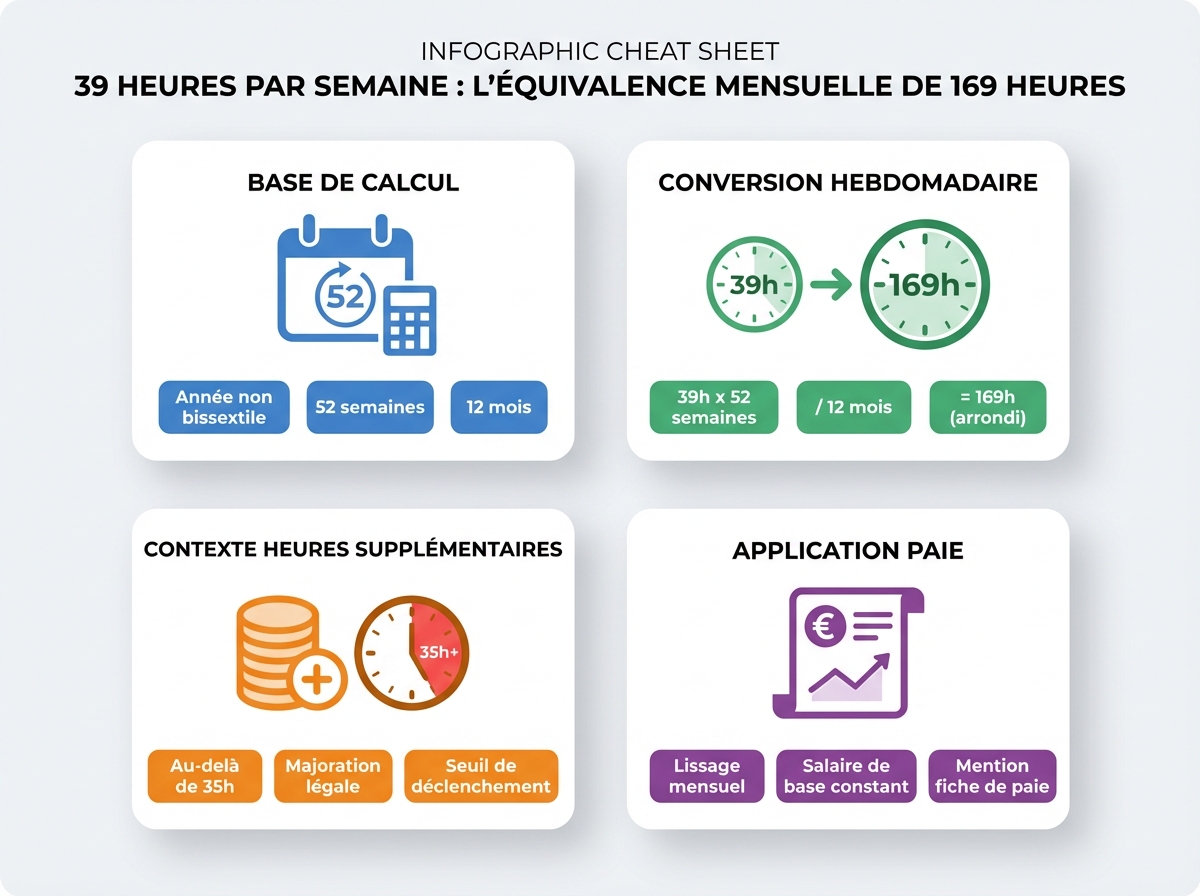 Infographie cheat sheet : 39 h par semaine : 169 h par mois, explications