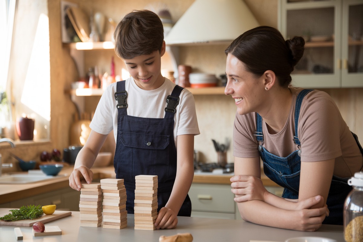 Apprenti empilant des blocs en bois avec son parent dans une cuisine familiale lumineuse