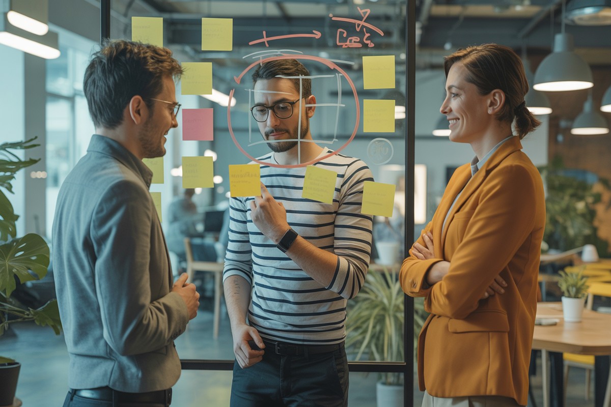 Trois collègues devant tableau blanc ; faux gentil déplace discrètement un post-it clé