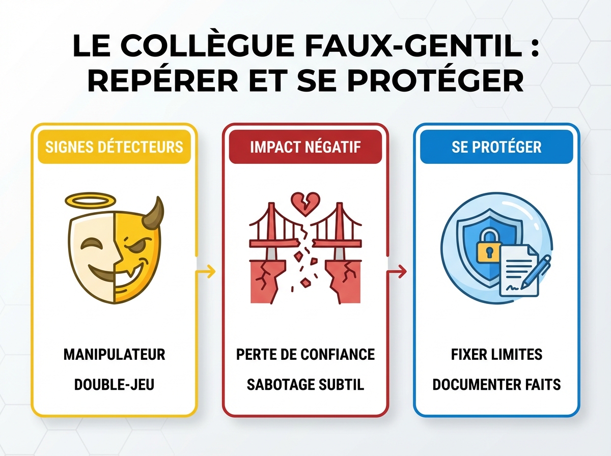 Infographie cheat sheet : Collègue faux-gentil : signes pour le repérer et se protéger