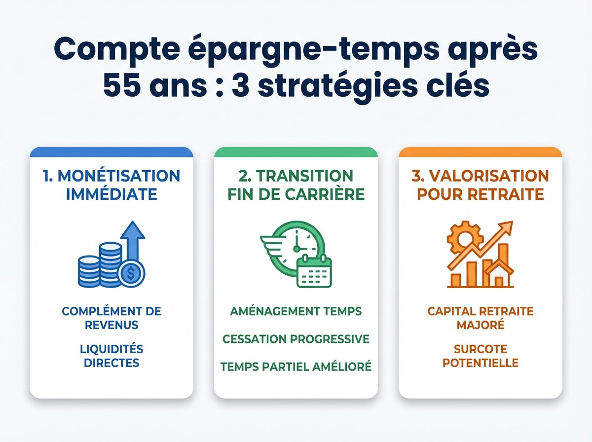 Infographie cheat sheet : Compte épargne-temps après 55 ans : 3 stratégies clés