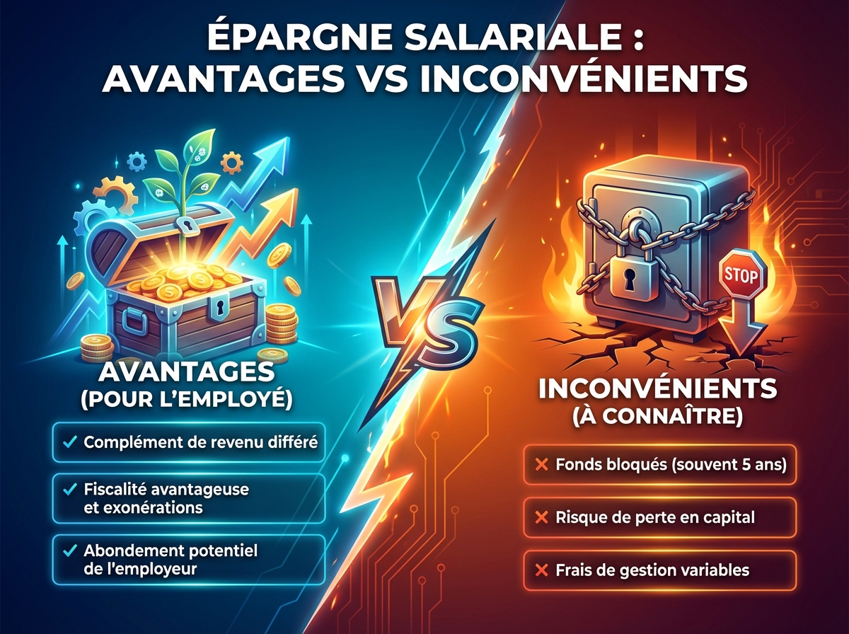 Infographie duel visual : Épargne salariale : avantages et inconvénients à connaître