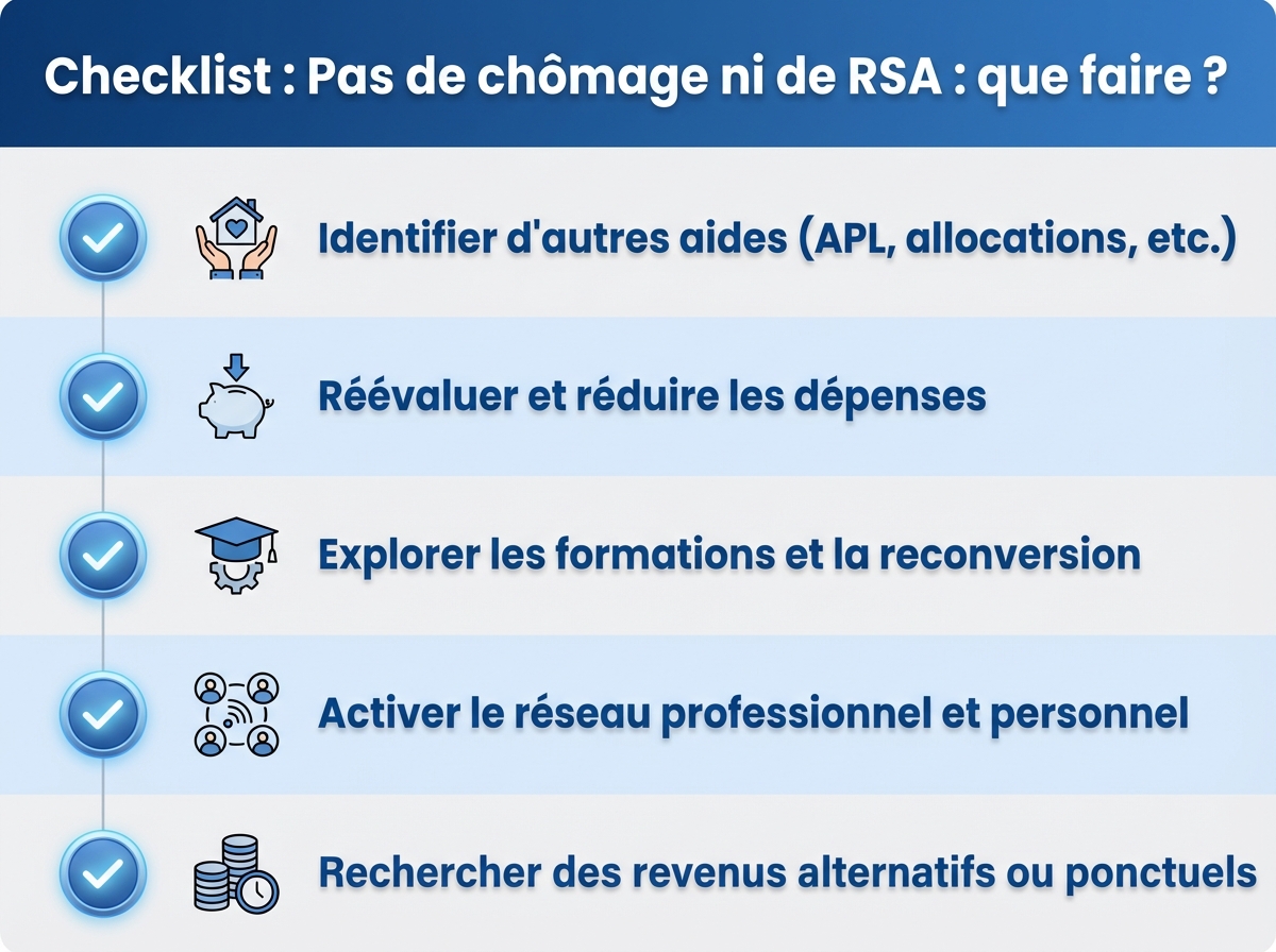 Infographie checklist : Pas de chômage ni de RSA : que faire ?