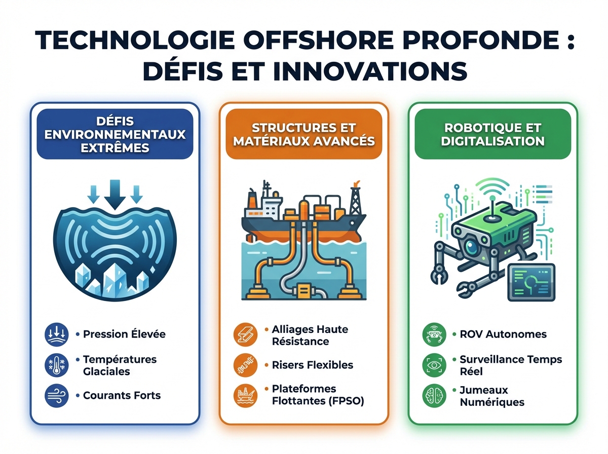 Infographie cheat sheet : Technologie offshore profonde : défis et innovations
