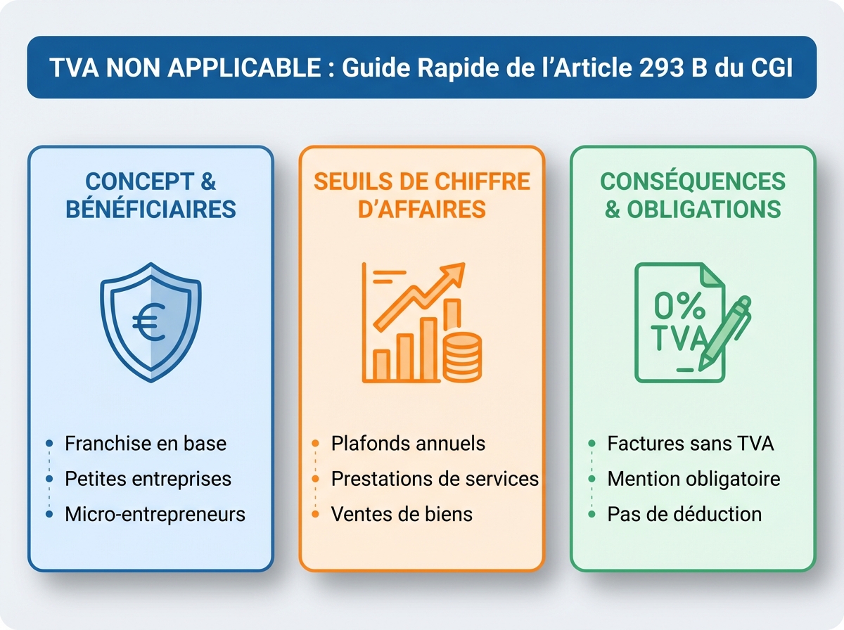 Infographie cheat sheet : TVA non applicable : les règles de l'article 293 B du CGI