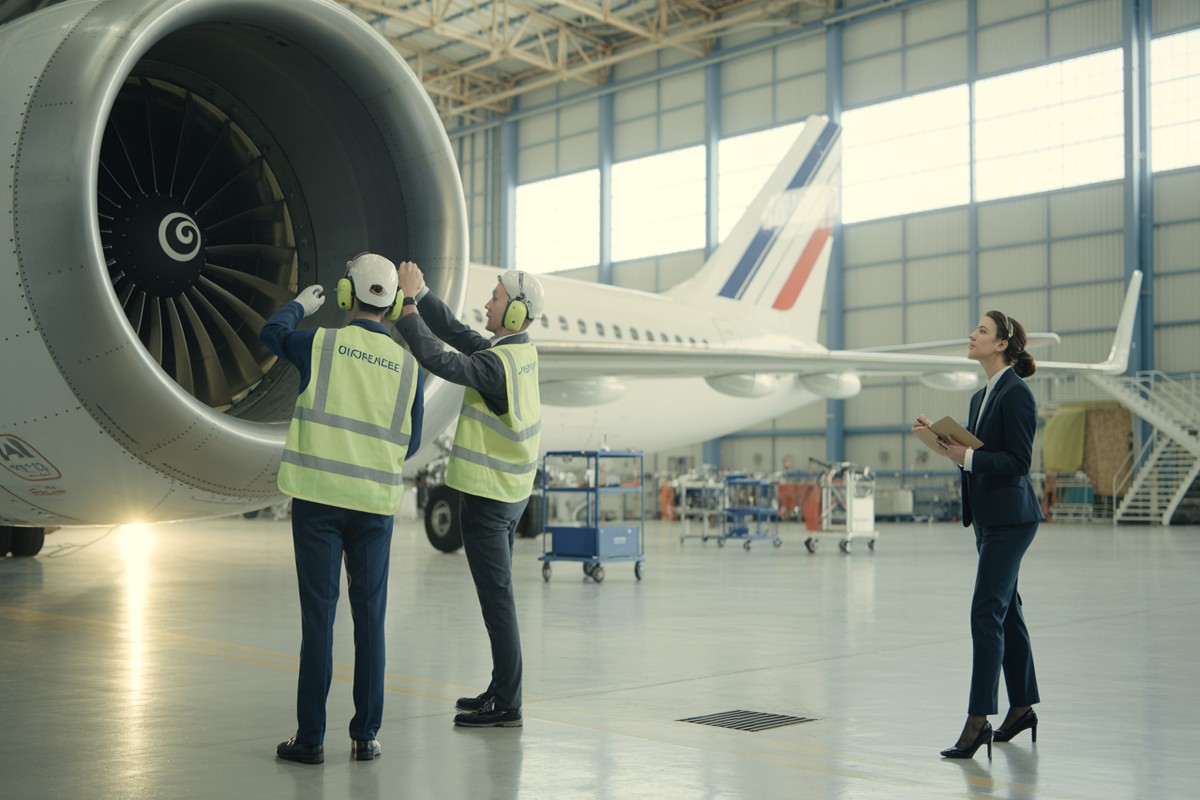 Ingénieurs calibrant moteur avion Air France sous regard analyste financier dans hangar lumineux
