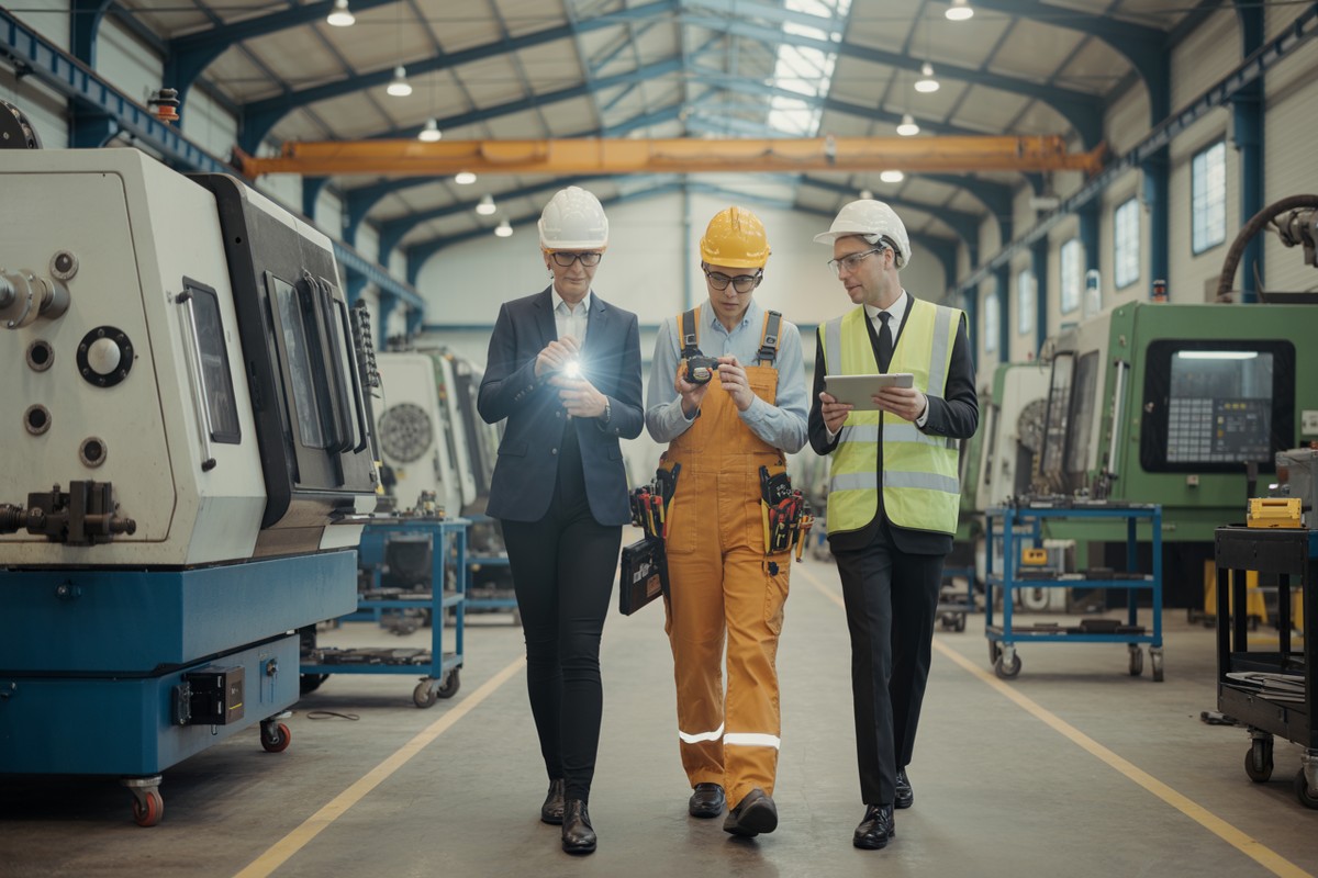Professionnels inspectent machine en usine pour audit de procédure collective en cours