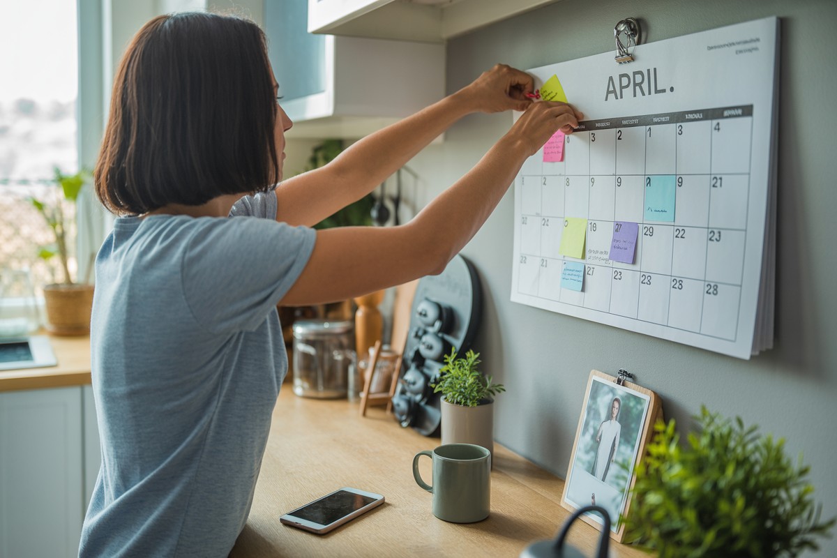 Personne accrochant note sur calendrier d’avril dans cuisine lumineuse française