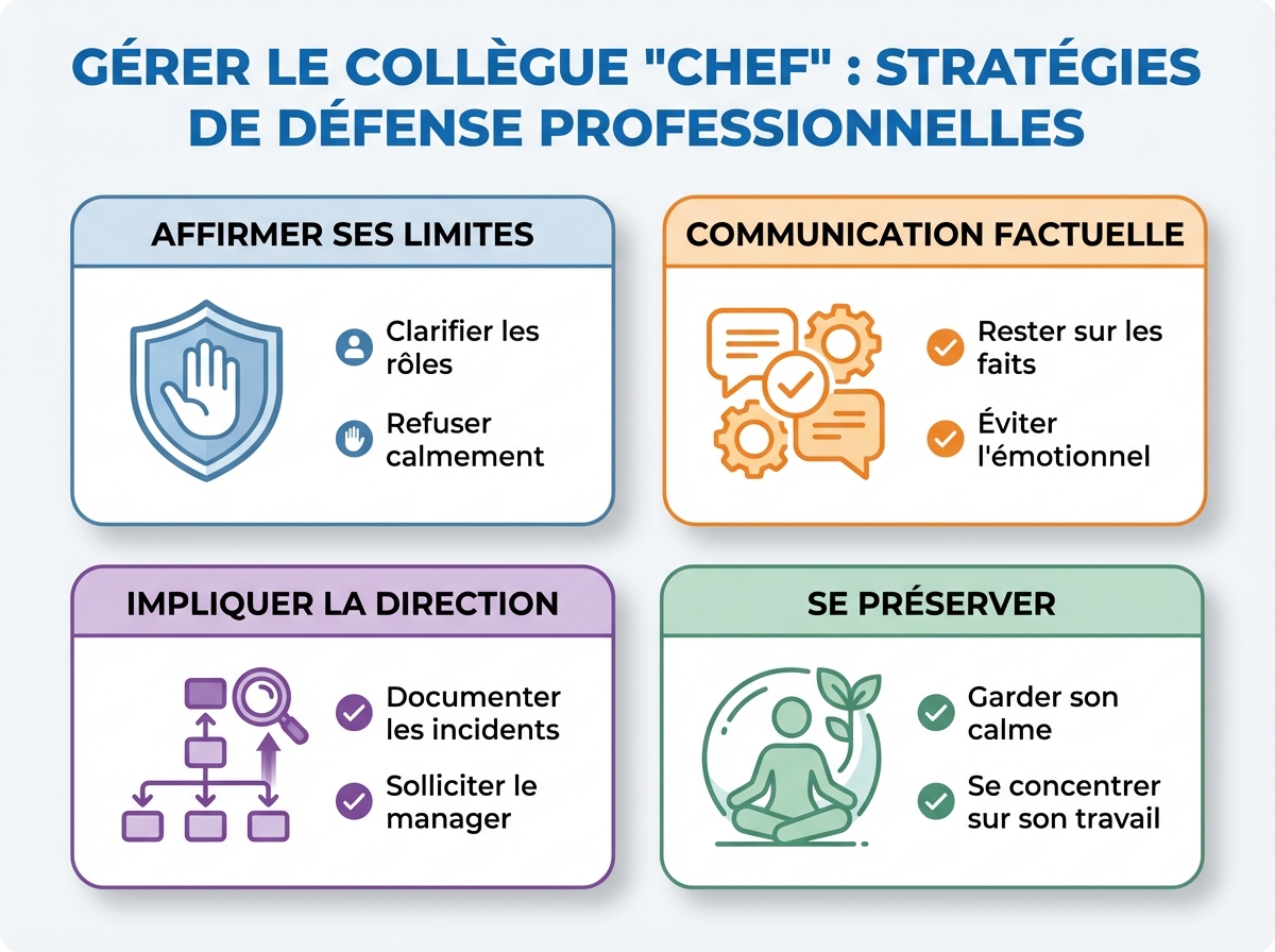 Infographie cheat sheet : Collègue qui se prend pour le chef : stratégies de défense