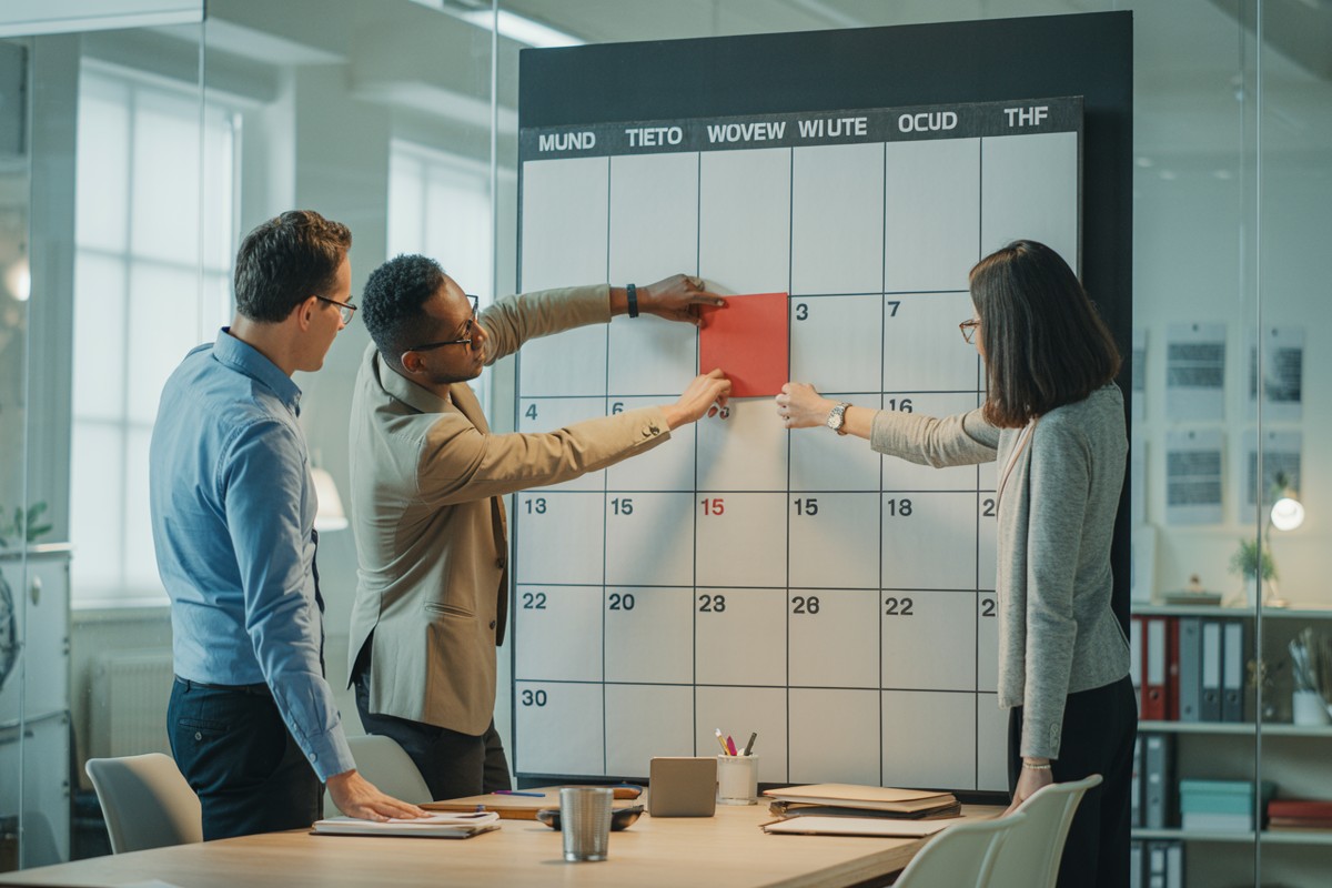 Trois entrepreneurs marquent une échéance de quinze jours sur un grand calendrier