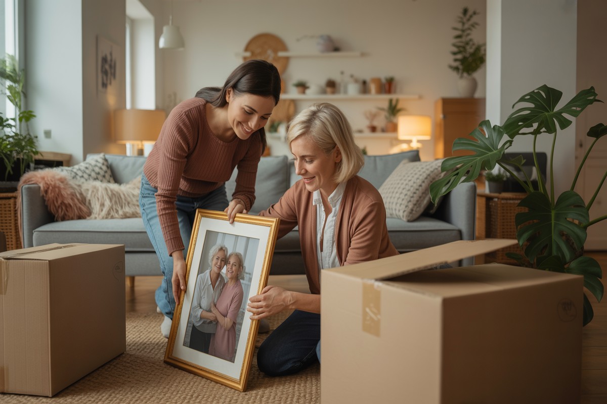 Mère et fille ajustent un cadre familial dans salon lumineux au décor moderne