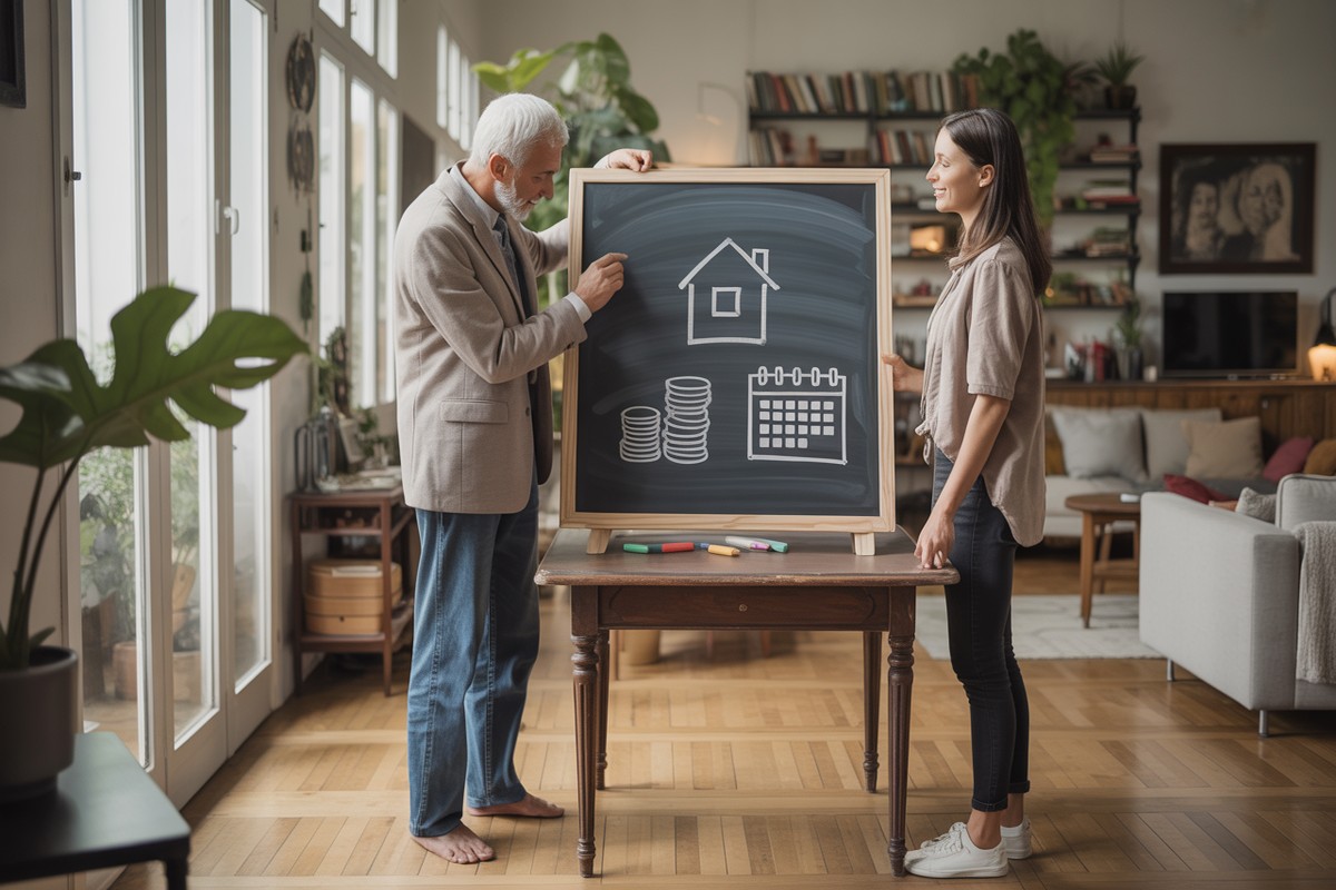 Explication visuelle du viager au salon avec ardoise et échange intergénérationnel