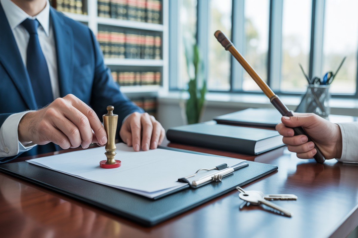 Cachet notarial appliqué, main avec canne visible, bureau moderne, lumière naturelle