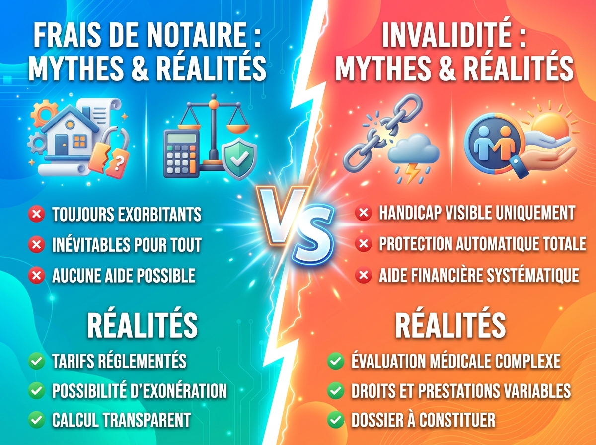 Infographie duel visual : Frais de notaire et invalidité : mythes et réalités