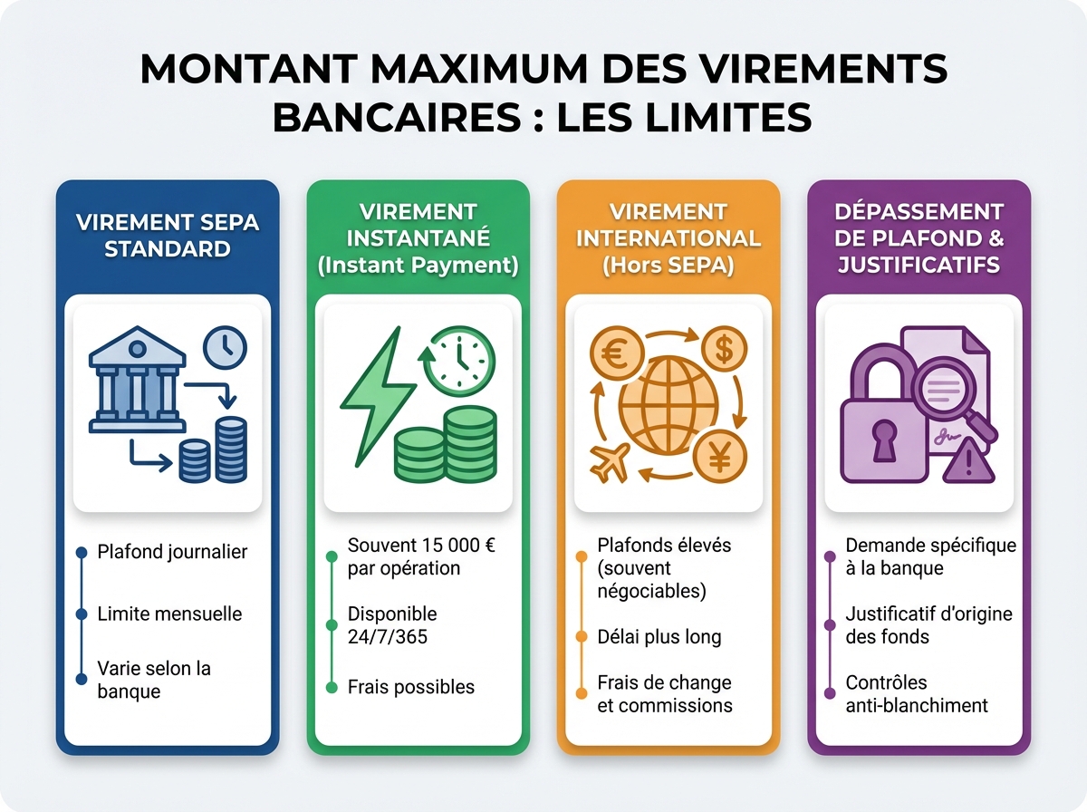 Infographie cheat sheet : Montant maximum d’un virement bancaire : quelles limites ?