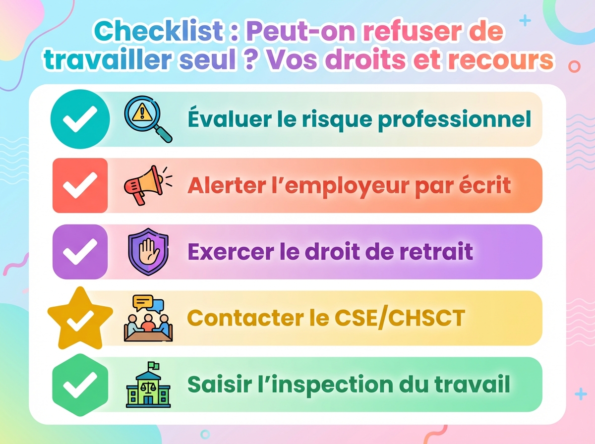 Infographie checklist : Peut-on refuser de travailler seul ? Vos droits et recours