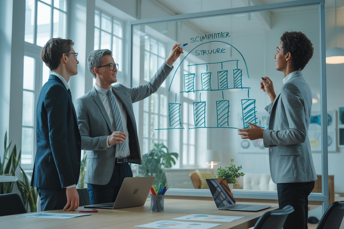 Dirigeants esquissant stratégie de réduction de capital sur tableau verre moderne