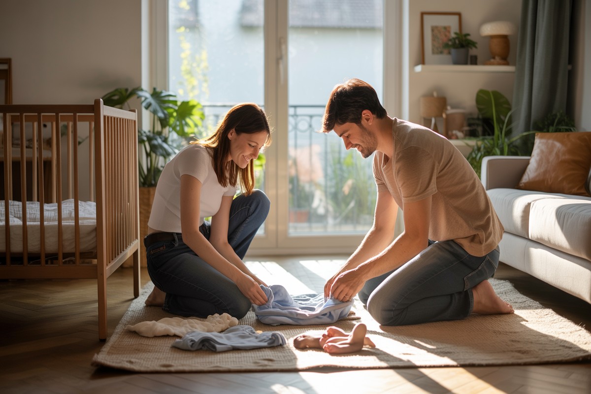 Jeunes parents rangent vêtements bébé dans salon lumineux, ambiance familiale chaleureuse
