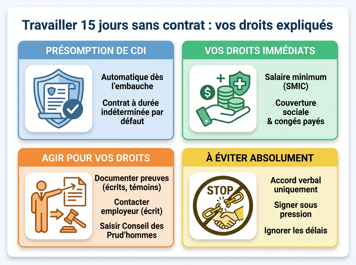 Infographie cheat sheet : Travailler 15 jours sans contrat : vos droits expliqués