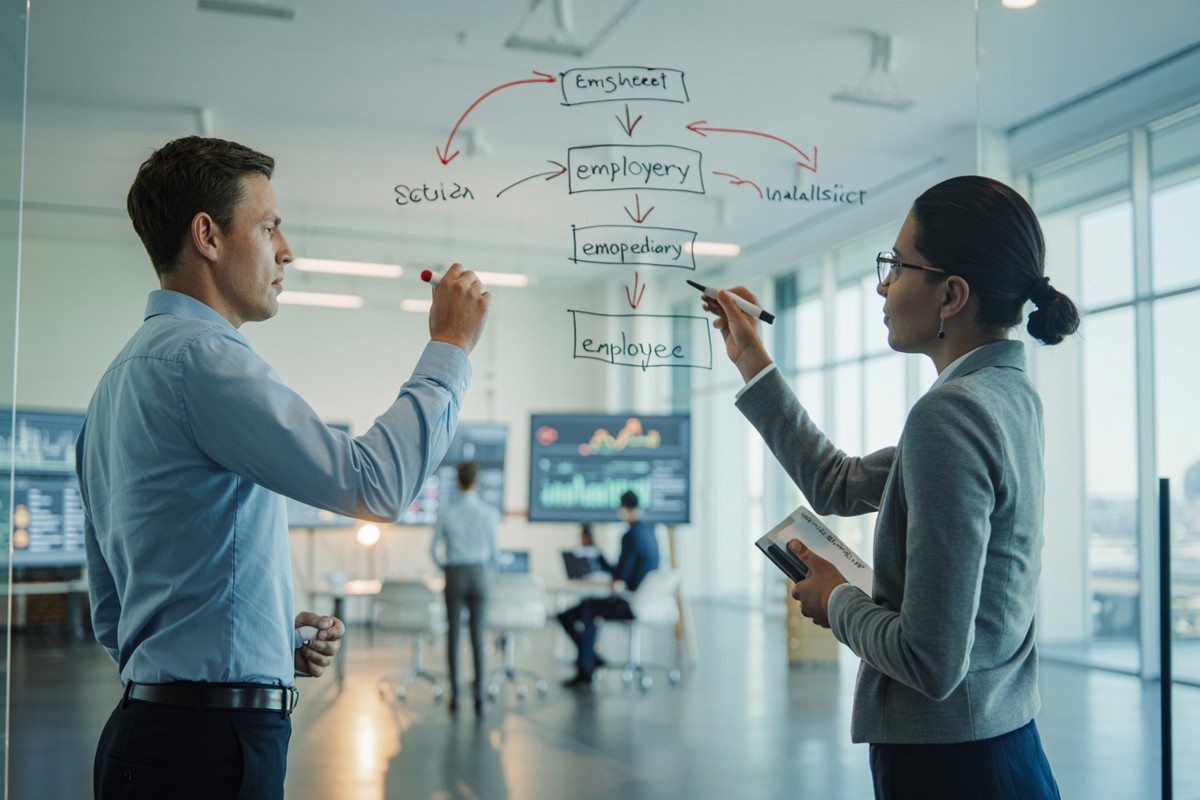 Analystes dessinant un schéma de flux financier sur tableau verre dans salle data