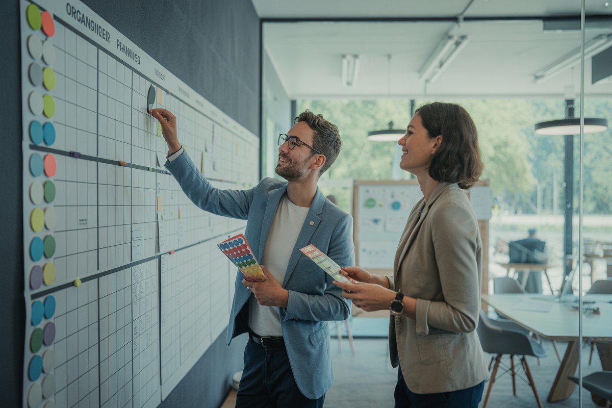 Deux professionnels collent des pastilles colorées sur grand planning mural moderne