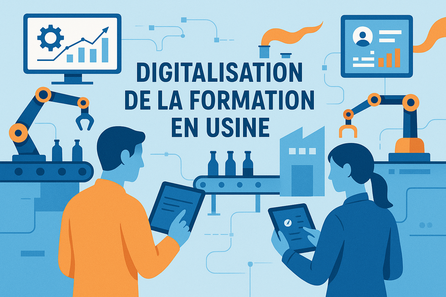 Illustration de la digitalisation de la formation industrielle dans une usine connectée avec écrans et opérateurs