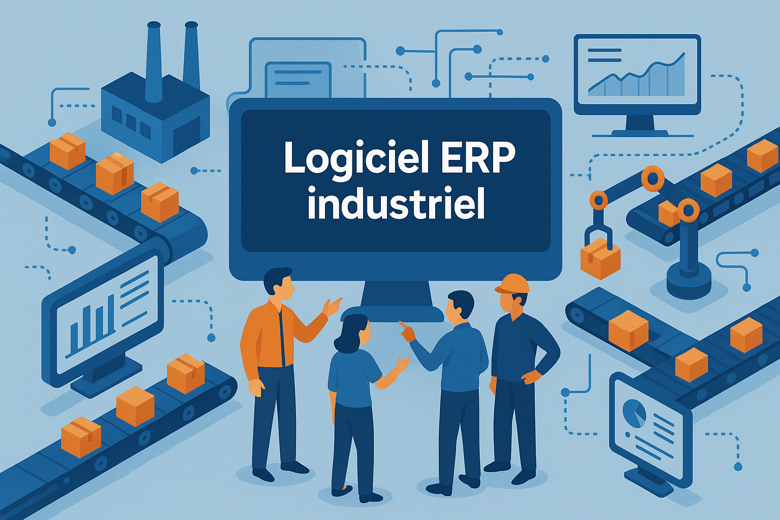 Illustration d’une usine connectée pilotée par un Logiciel ERP industriel