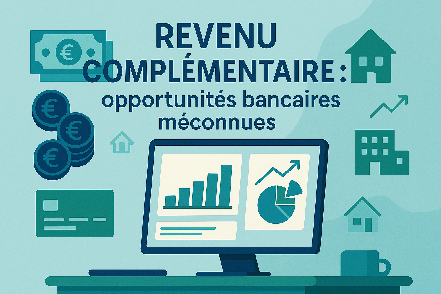 Illustration des opportunités bancaires pour revenu complémentaire avec écran, carte bancaire et graphiques
