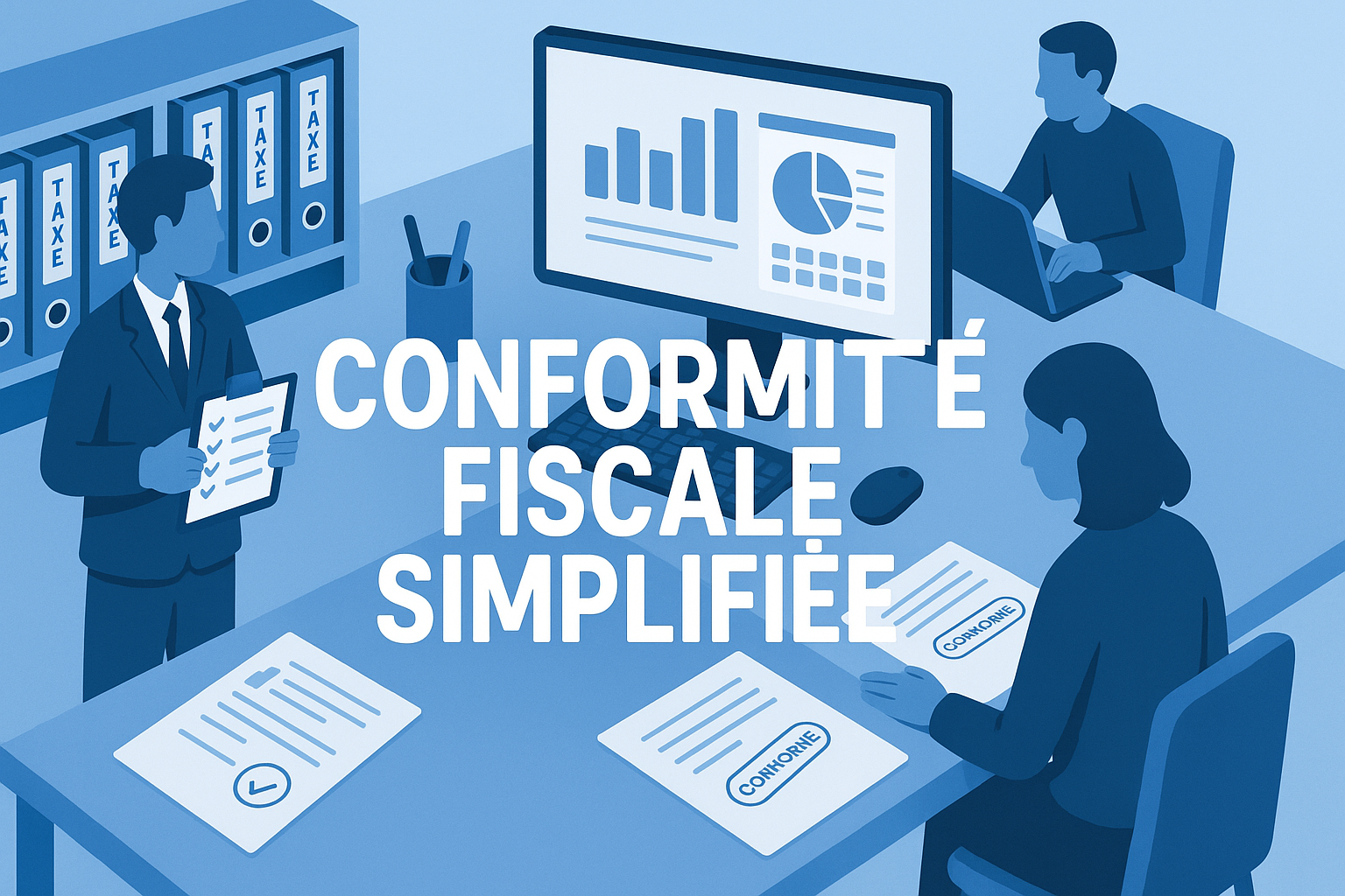 Illustration conformité fiscale entreprise avec bureau moderne dossiers et écran calendrier