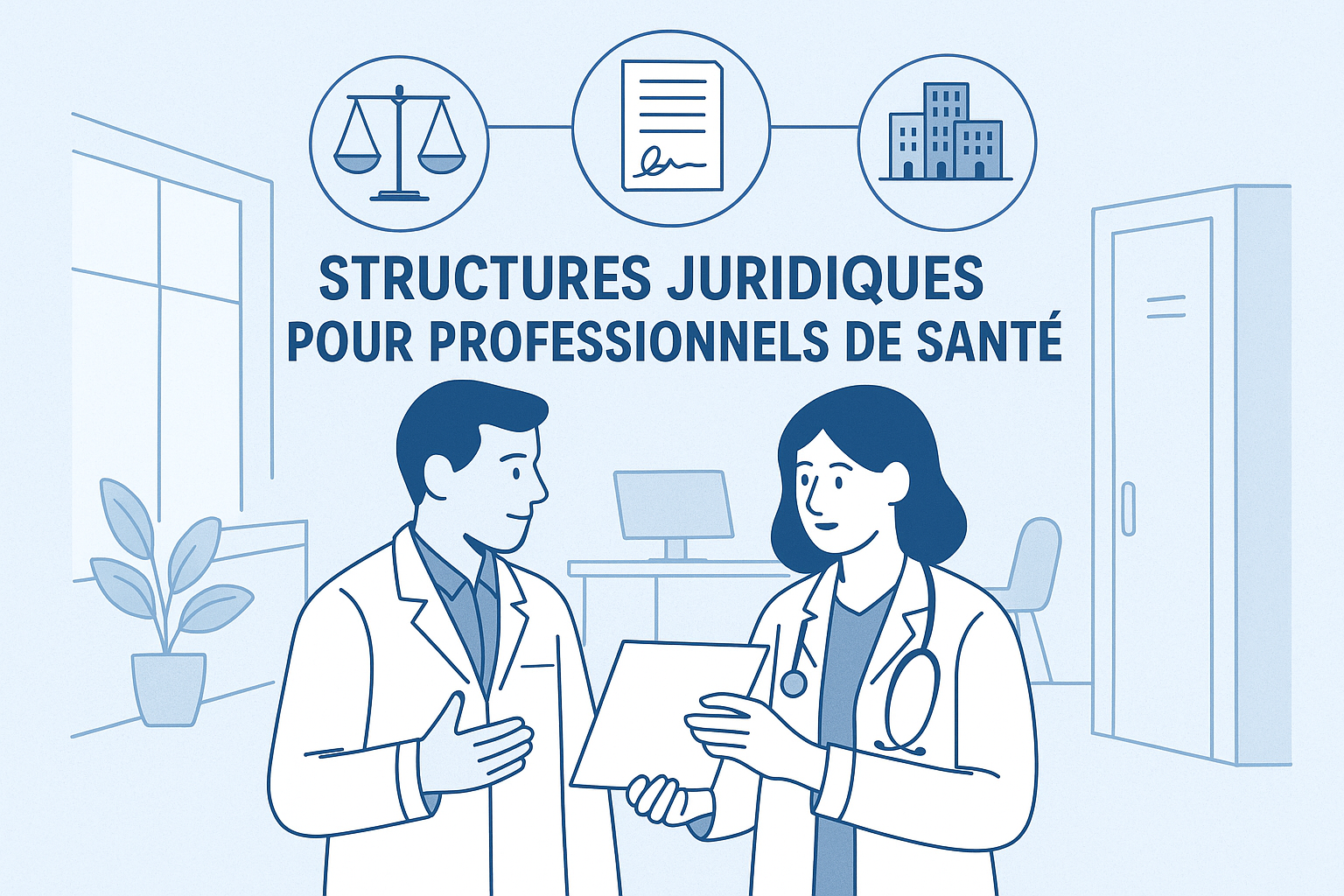 Illustration des structures juridiques professionnels de santé dans un cabinet médical moderne
