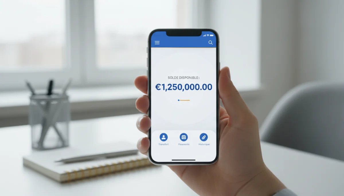 Main tenant smartphone avec application bancaire Crédit Agricole affichant plafond de virement élevé