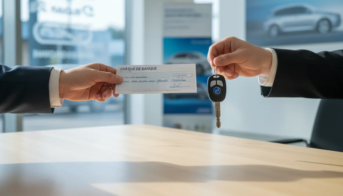 Main donnant chèque de banque contre clés de voiture, achat sécurisé.