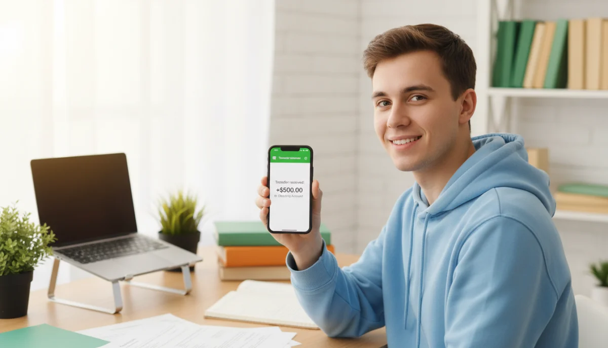 Étudiant souriant consulte notification de virement bancaire sur smartphone, bureau lumineux