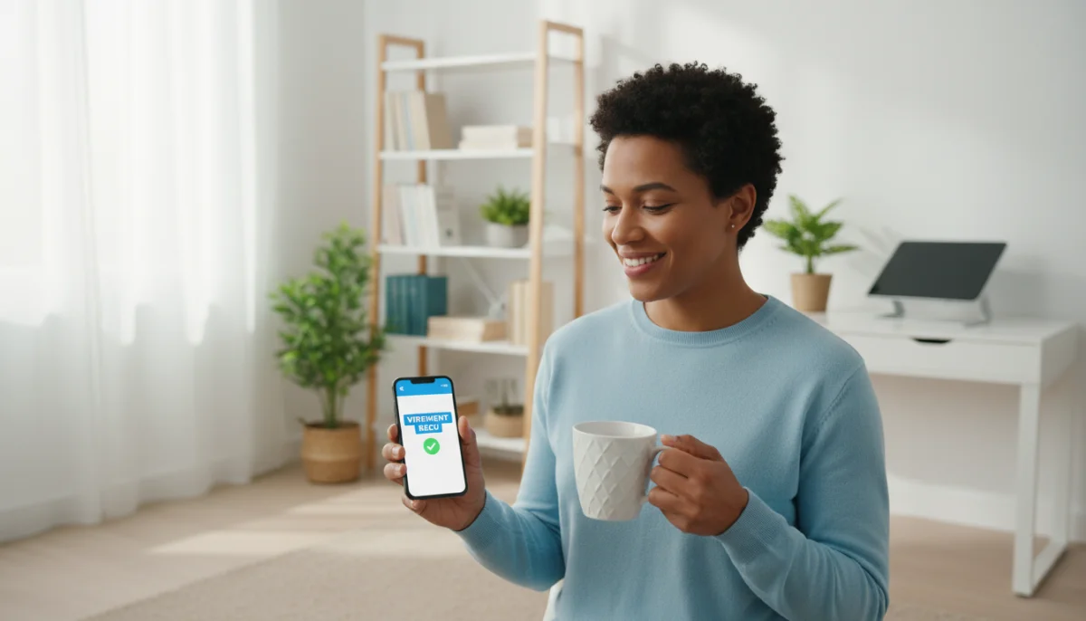 Personne souriante consultant notification virement sur smartphone, bureau lumineux.