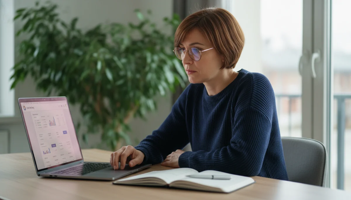 Femme consultant plafond virement LCL sur ordinateur portable, bureau moderne