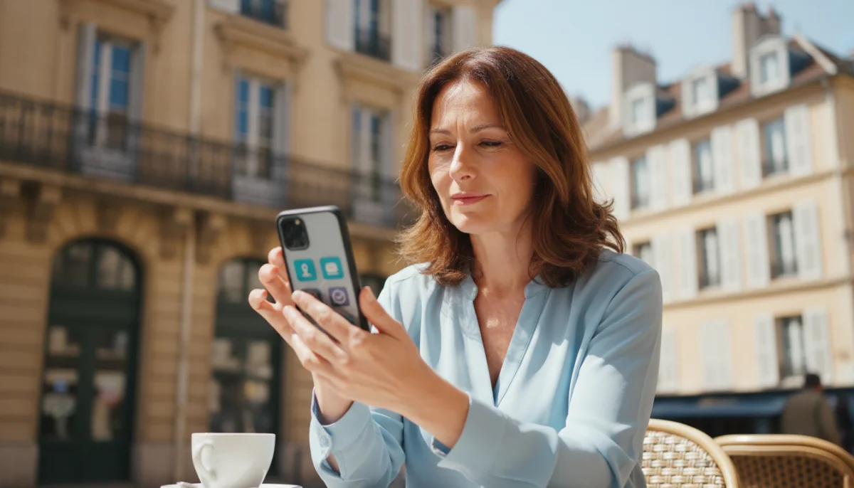 Femme consultant son smartphone pour le montant maximum d'un virement Caisse d'Epargne.