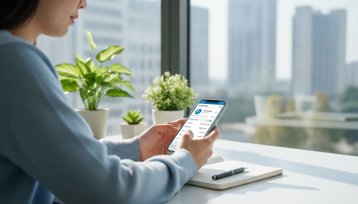 Personne consultant le plafond de virement Crédit Mutuel sur son smartphone dans un bureau moderne.