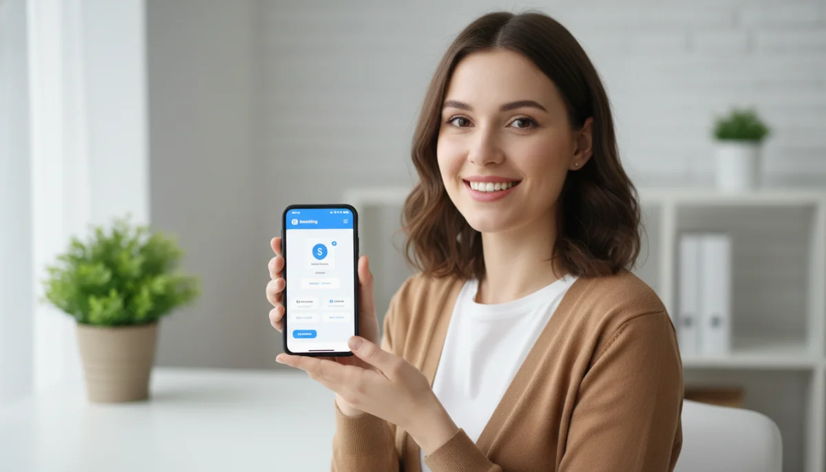 Femme souriante avec smartphone, interface bancaire Caisse d'Epargne affichée, montant virement maximum