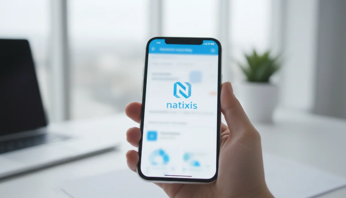 Main tenant smartphone avec application bancaire Natixis, délai virement rapide et sécurisé.