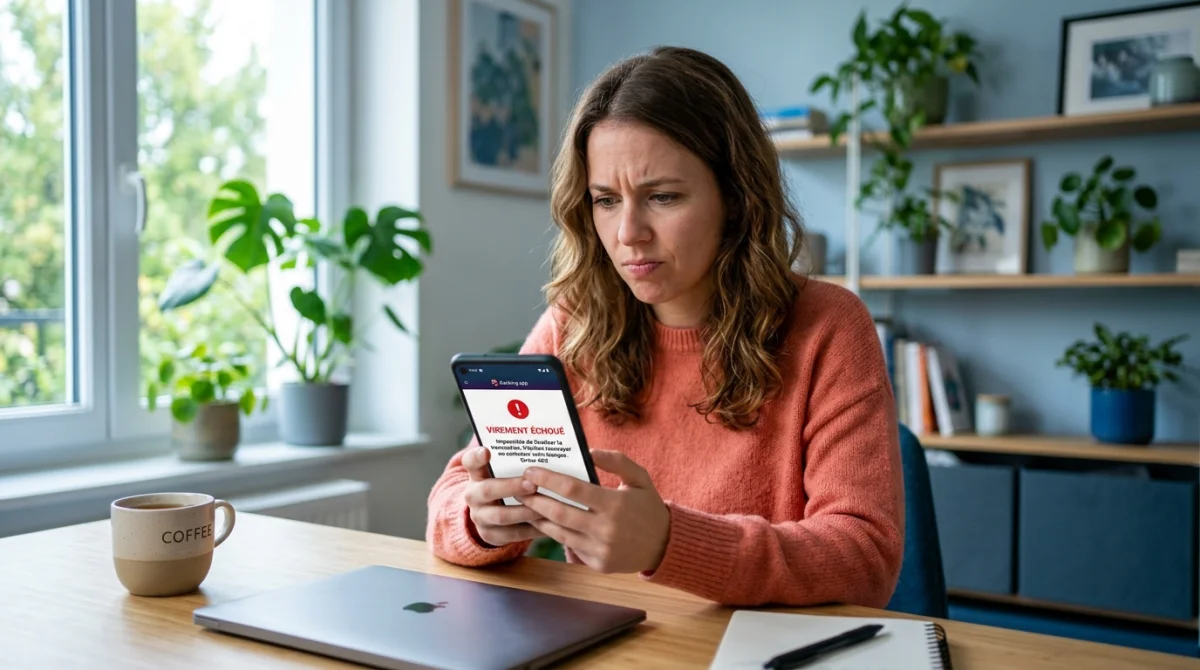 Personne inquiète devant son téléphone, virement non reçu par le bénéficiaire.